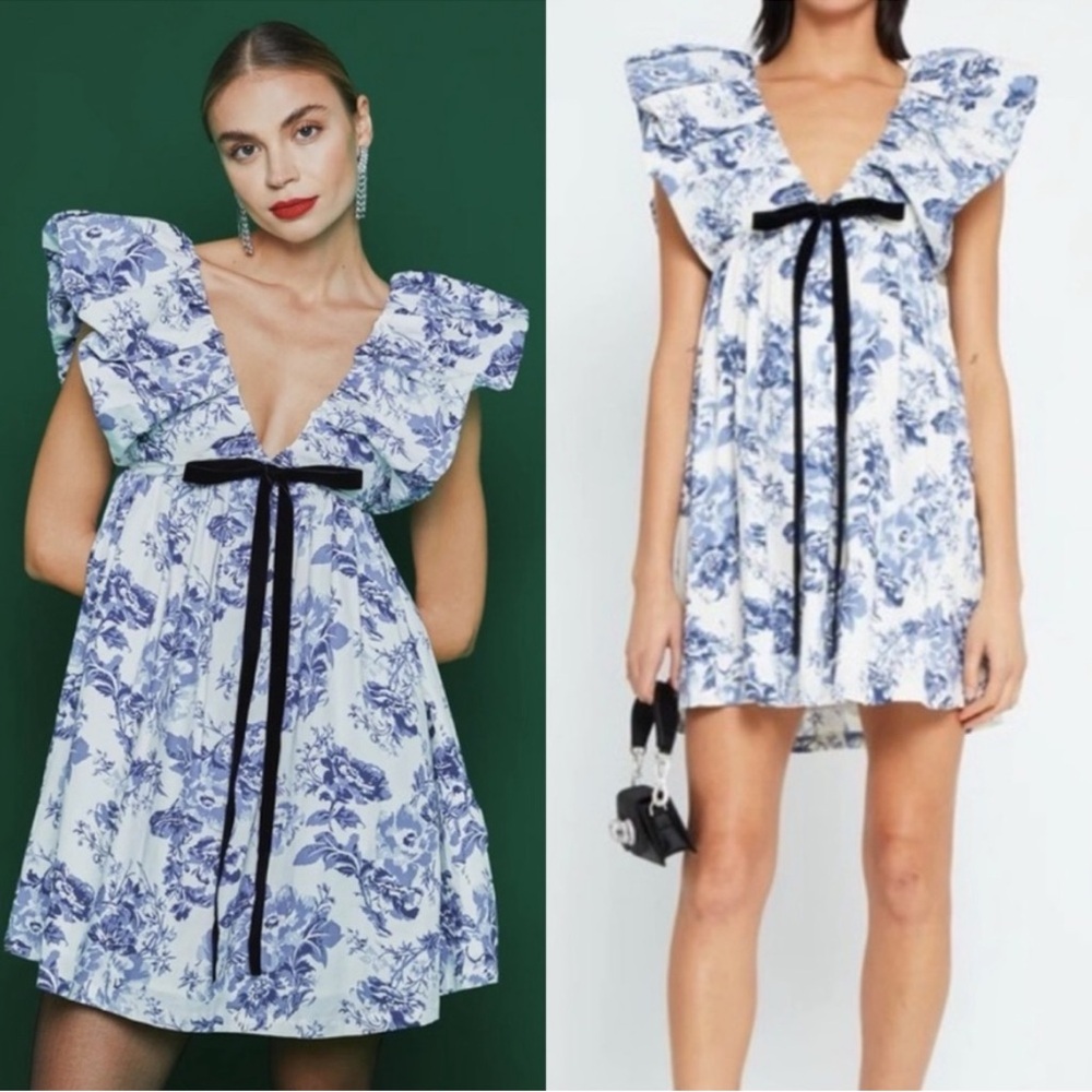 Tuckernuck O.P.T. Didi Mini Dress Bow Blue White Floral Toile Large